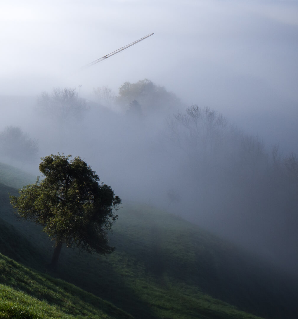 Kran ragt aus Nebel