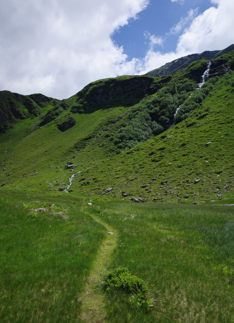 Weg über Gras mit Wasserfall